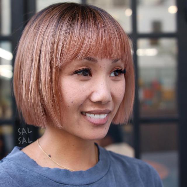 22 Amazing Blunt Bob Hairstyles You'd Love to Try This Year! straight blunt pink bob hairstyle with bangs