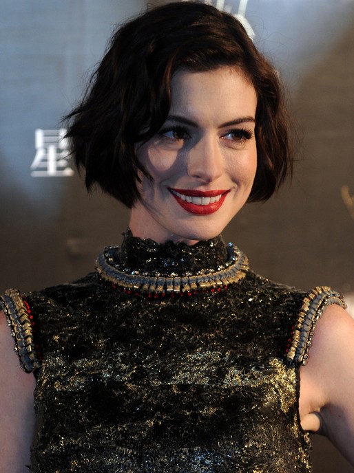 Anne Hathaway Short Soft Wavy Curly Bob Hairstyle