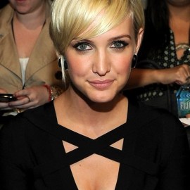 Ashlee Simpson Layered Golden Sleek Razor Cut with Bangs