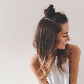 Cute half up top knot, half up top bun: