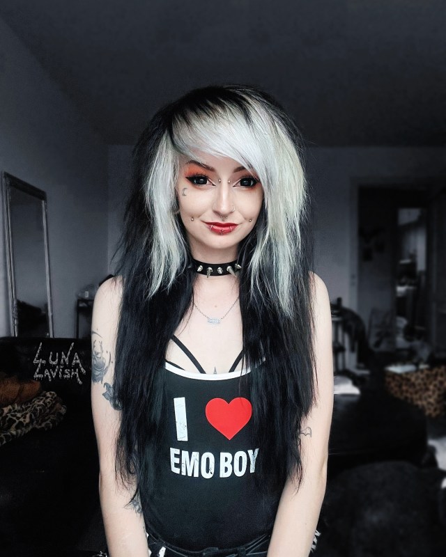 black white emo hairstyle with long bangs
