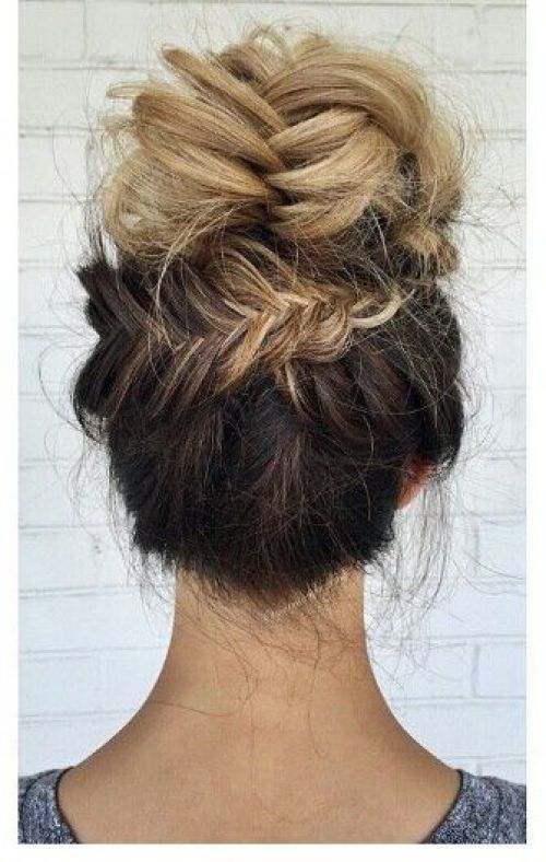 Blonde ombre fishtail braided updo bun hairstyle