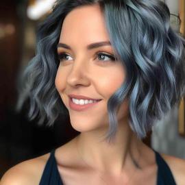 choppy wavy bob with dark blue hair color