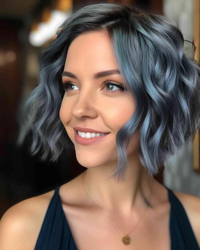 choppy wavy bob with dark blue hair color