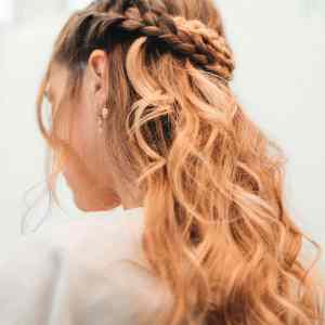 Crown Braid with Soft Curls for a Goddess Look