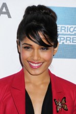 Freida Pinto Cute Black Loose Bun Updo with Side Swept Bangs Freida Pinto Cute Black Loose Bun Updo for black women
