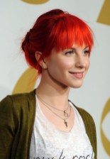 Cute Red Loose Bun Updo With Blunt Bangs Hayley Williams Cute Red Loose Bun Updo With Blunt Bangs