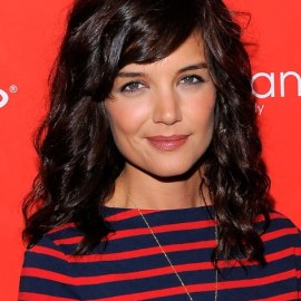 Katie Holmes Medium Dark Brown Curly Hairstyle with Side Swept Bangs