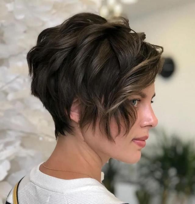 Layered Short Wavy Cut with Long Bangs