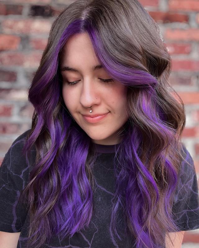 long black and purple hair with curtain bangs