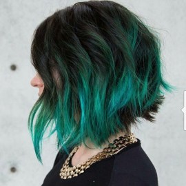 Messy dark to green ombre Bob Hairstyle