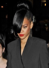 Rihanna Black Bun with Long Bangs Rihanna Black Bun with Long Bangs