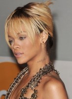 Rihanna French Twist Updo Hairstyle with Wispy Bangs Rihanna French Twist Updo Hairstyle with Wispy Bangs