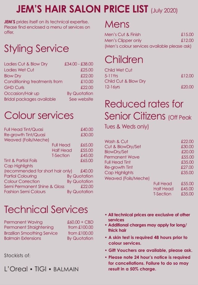 salon price list