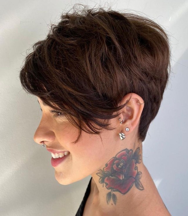 short layered pixie with with long thickj bangs