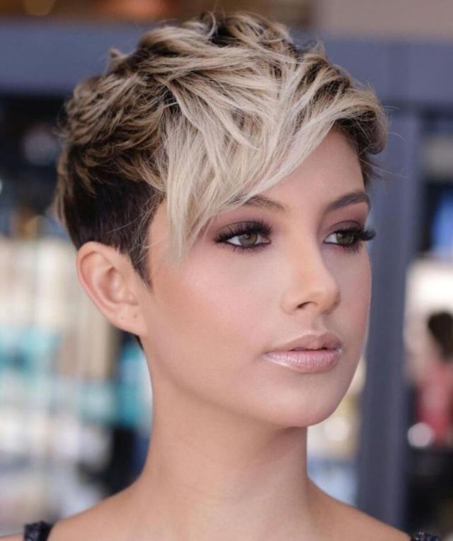 balayage pixie cut with bangs