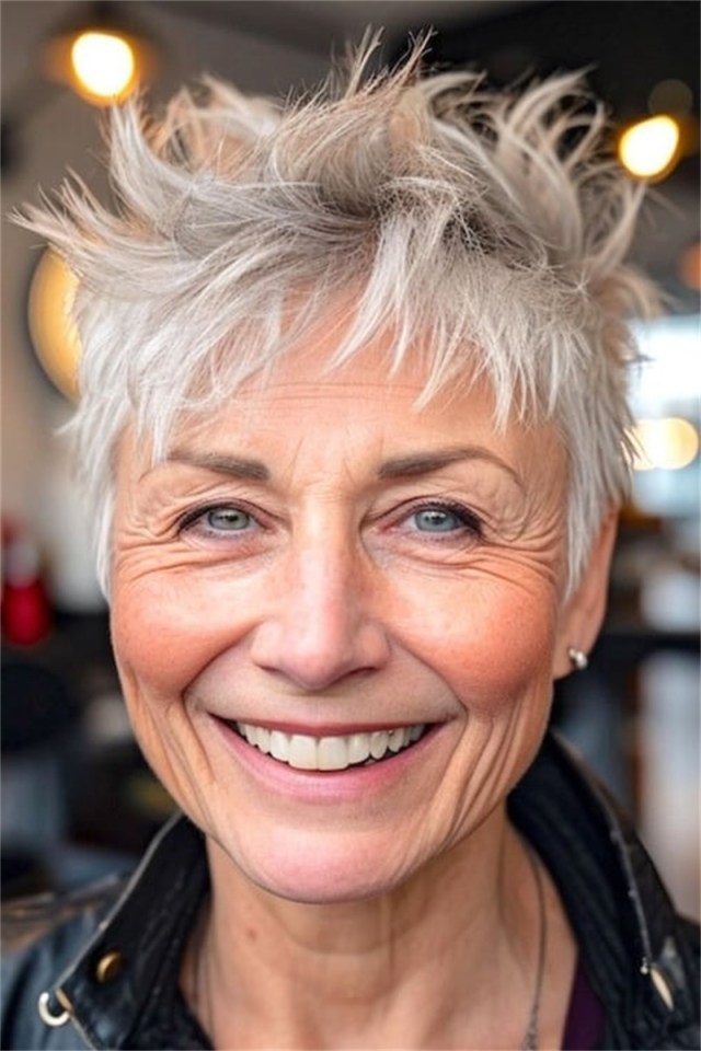 woman over 60 layered short textured spiky pixie 26