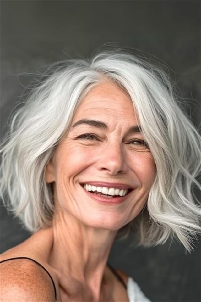 woman over 60 layered short wispy layered bob 18