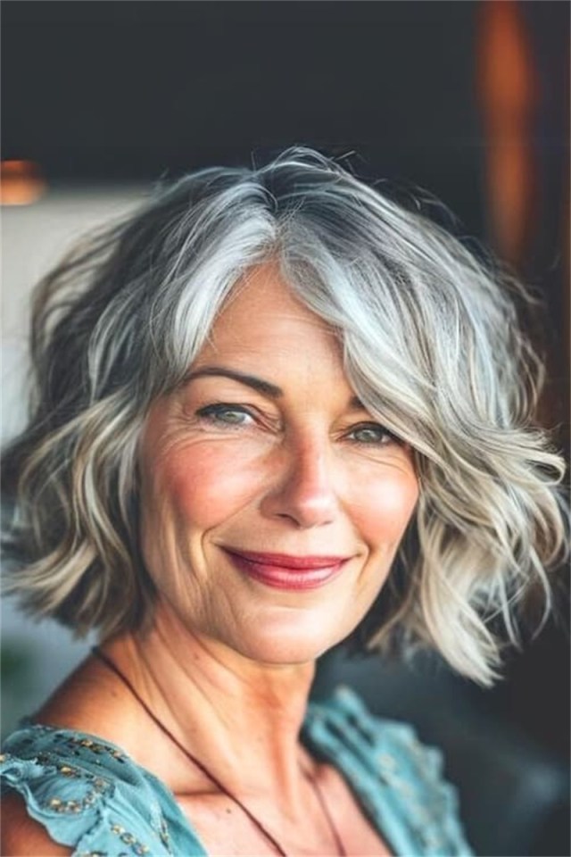 woman over 60 short silver wavy bob 9